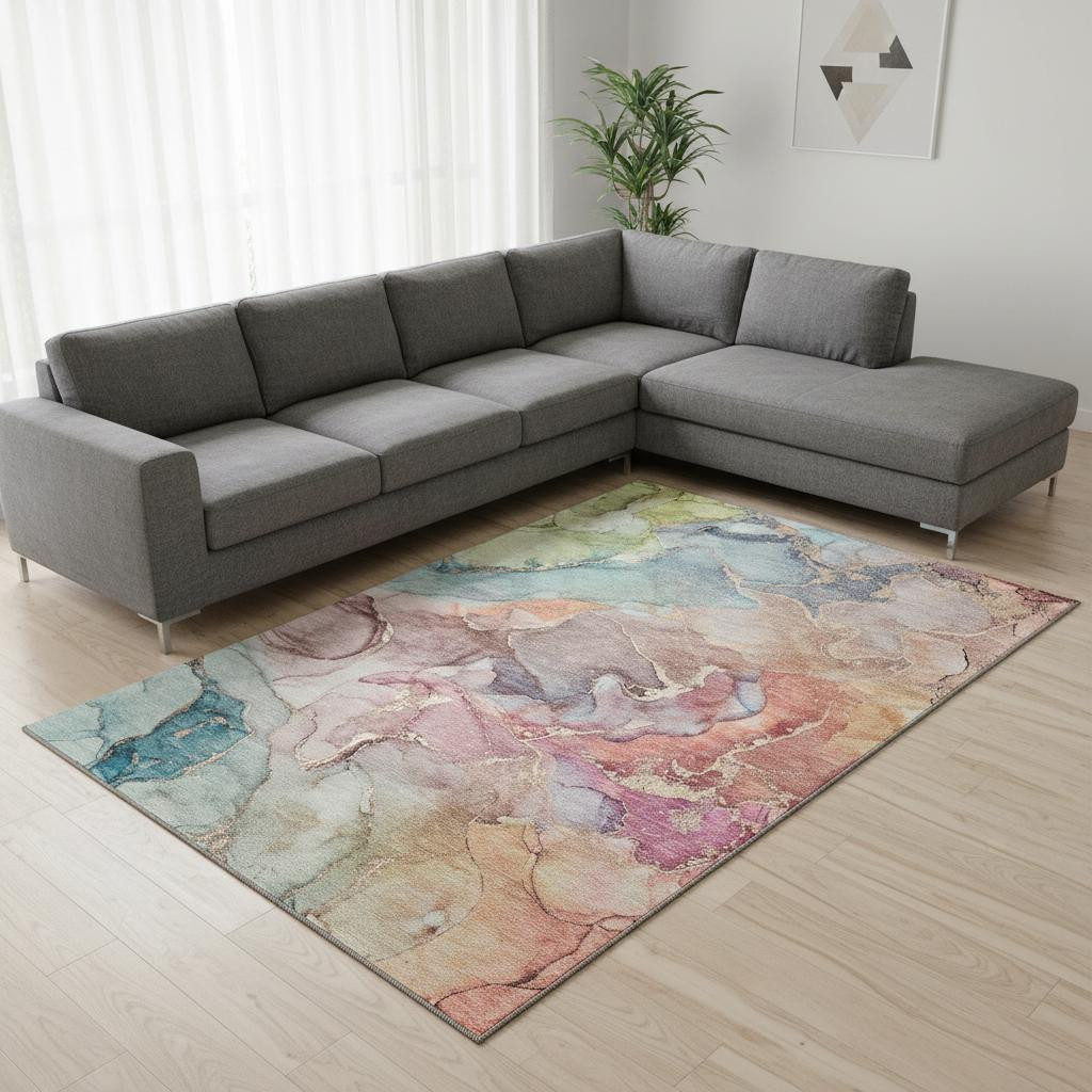 646488 10 x 14 ft. Blue & Green Abstract Contemporary Washable Machine Made Rectangle Area Rug with UV Protection