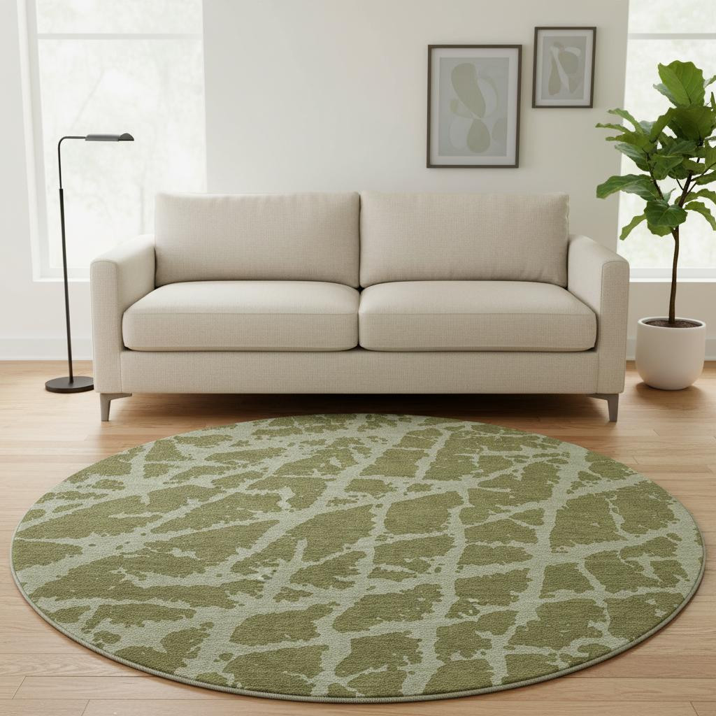 646557 8 ft. Olive Green & Gray Abstract Transitional Washable Round Area Rug with UV Protection