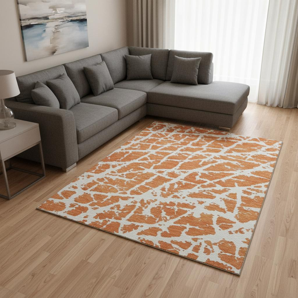 646565 9 x 12 ft. Orange & Ivory Abstract Transitional Washable Machine Made Rectangle Area Rug with UV Protection