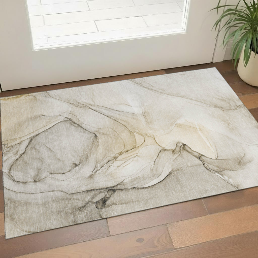 646603 3 x 5 ft. Beige & Ivory Abstract Transitional Washable Machine Made Rectangle Area Rug with UV Protection
