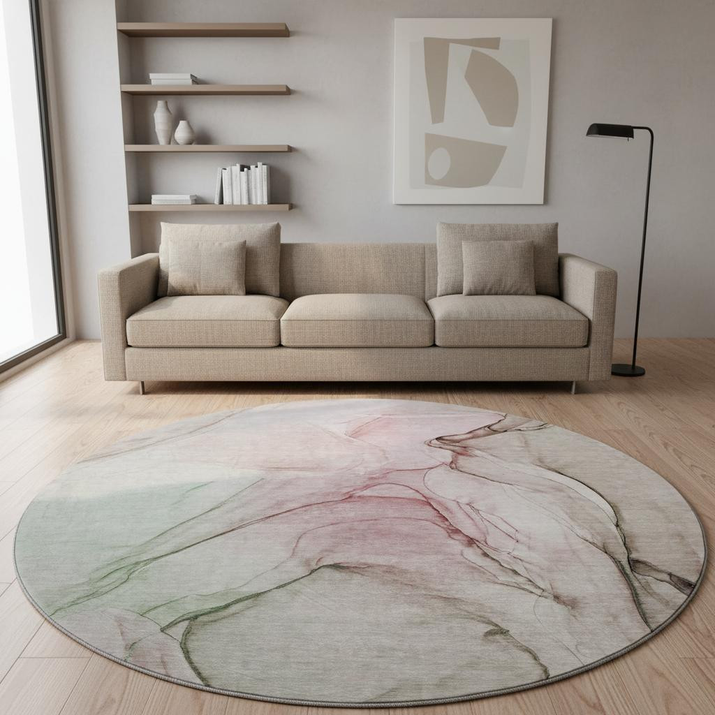 646617 8 ft. Blush & Ivory Abstract Transitional Washable Round Area Rug with UV Protection