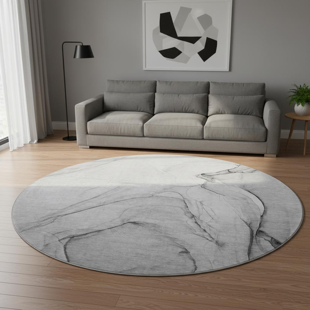 646623 8 ft. Gray & Charcoal Abstract Transitional Washable Round Area Rug with UV Protection