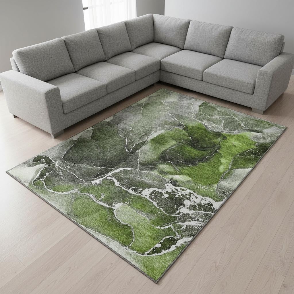 646680 10 x 14 ft. Green & Charcoal Abstract Contemporary Washable Machine Made Rectangle Area Rug with UV Protection