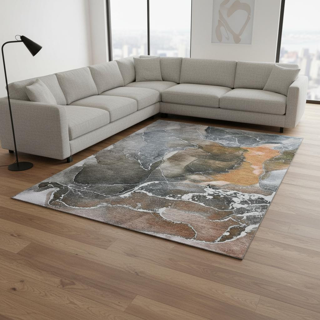 646690 8 x 10 ft. Orange & Charcoal Abstract Washable Machine Made Rectangle Area Rug with UV Protection