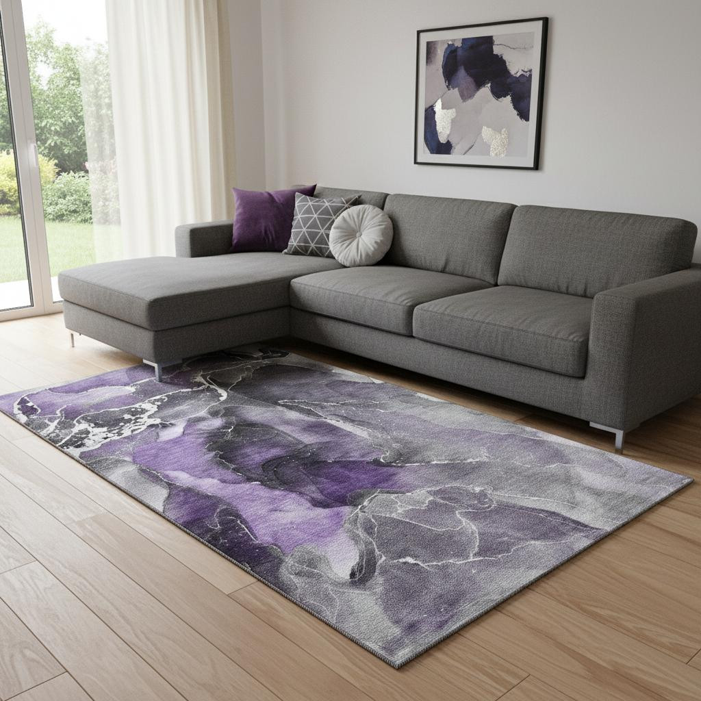 646696 8 x 10 ft. Purple & Charcoal Abstract Washable Machine Made Rectangle Area Rug with UV Protection