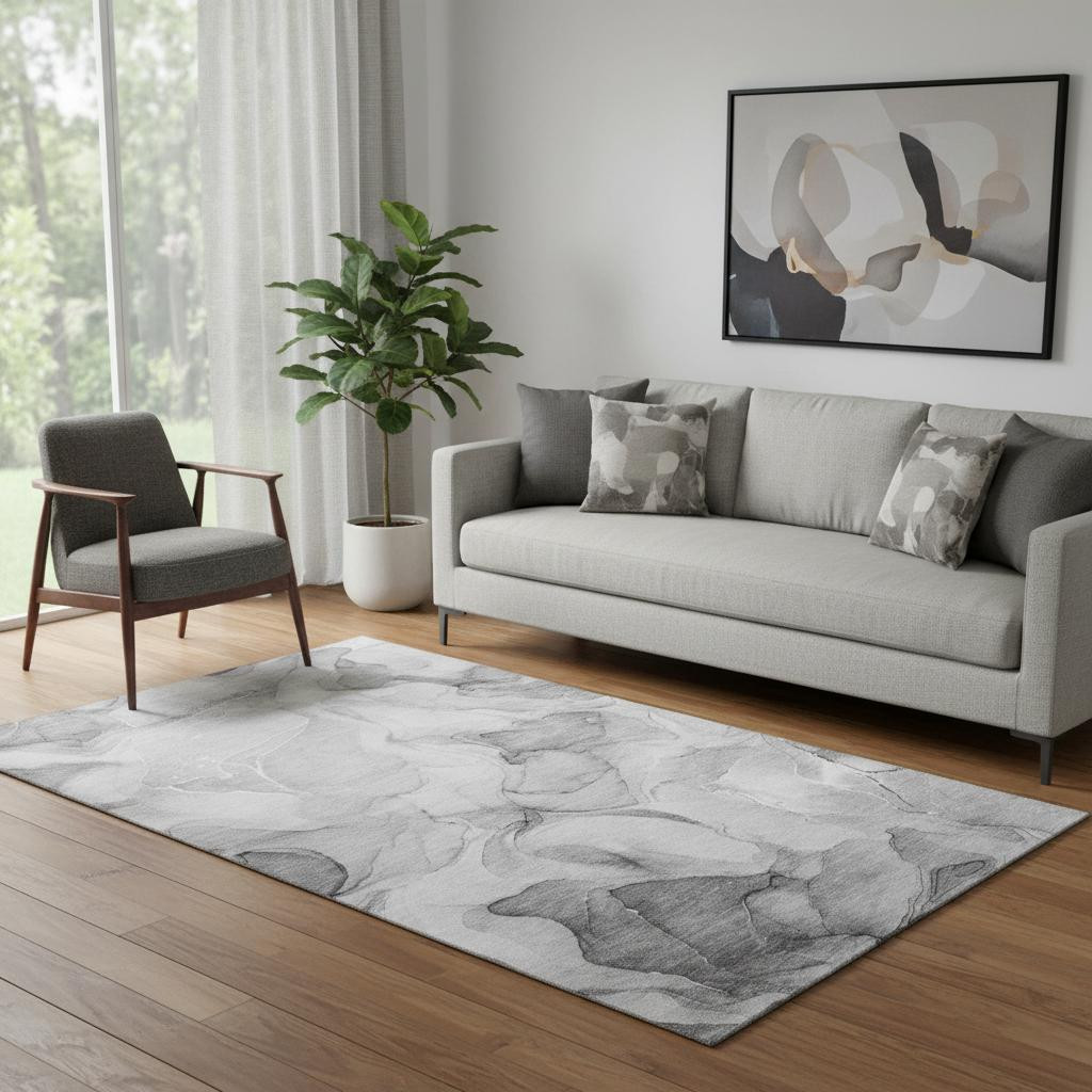 646712 5 x 8 ft. Gray & Ivory Abstract Transitional Washable Machine Made Rectangle Area Rug with UV Protection