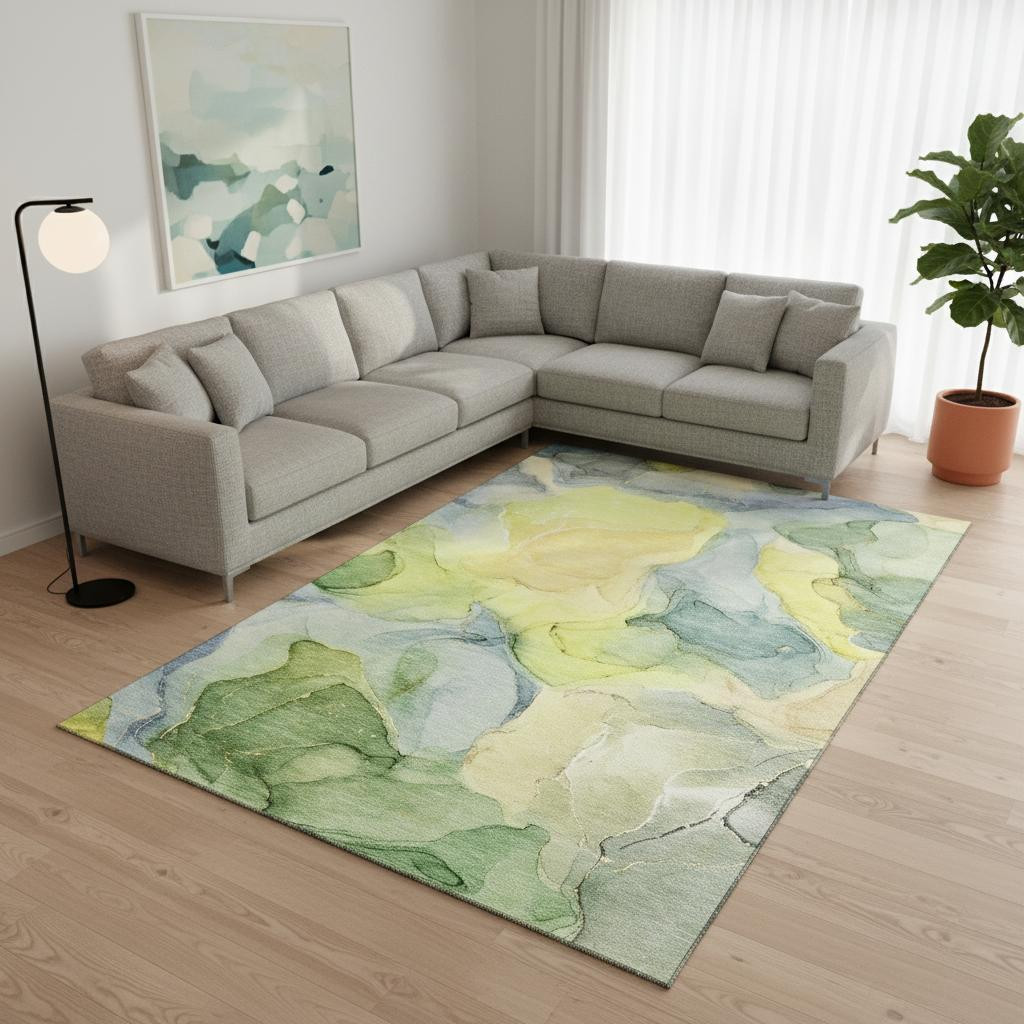 646750 8 x 10 ft. Yellow Blue & Beige Abstract Washable Machine Made Rectangle Area Rug with UV Protection