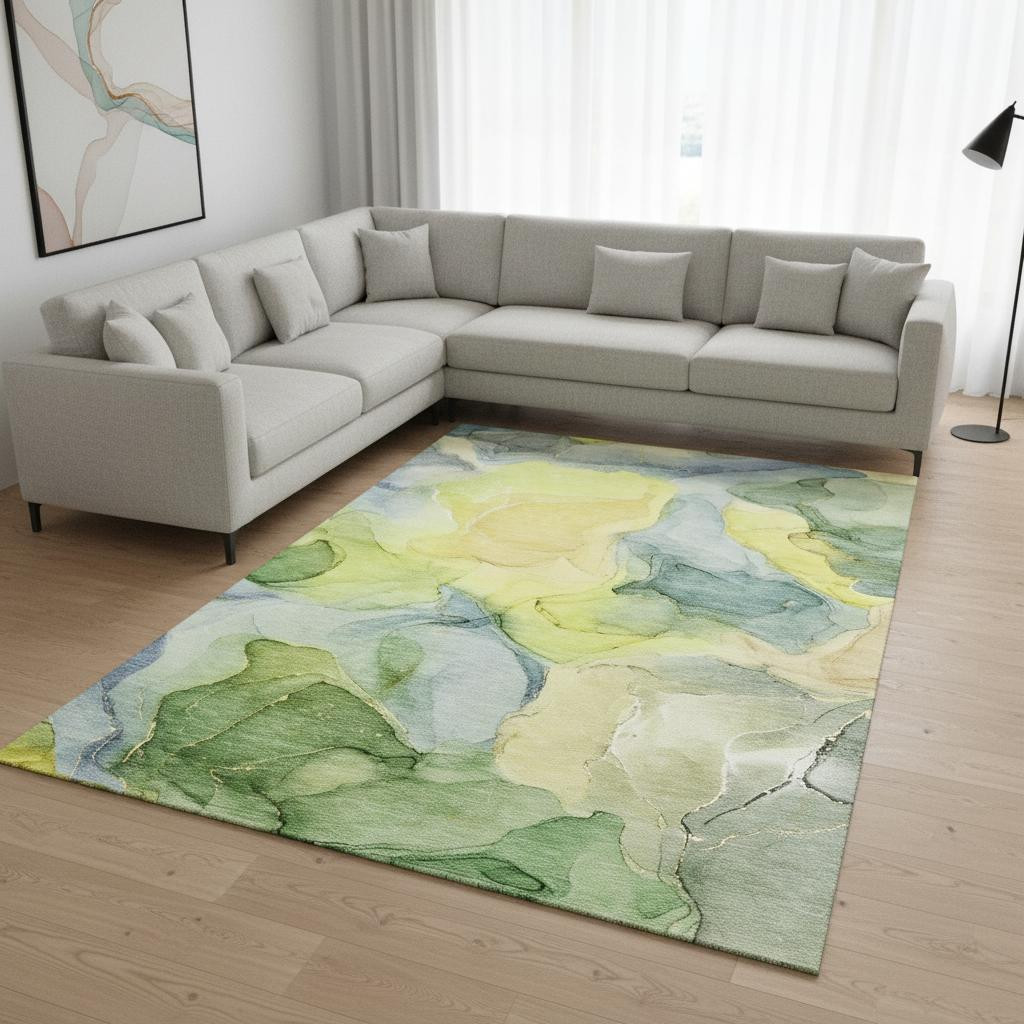 646751 9 x 12 ft. Yellow Blue & Beige Abstract Washable Machine Made Rectangle Area Rug with UV Protection