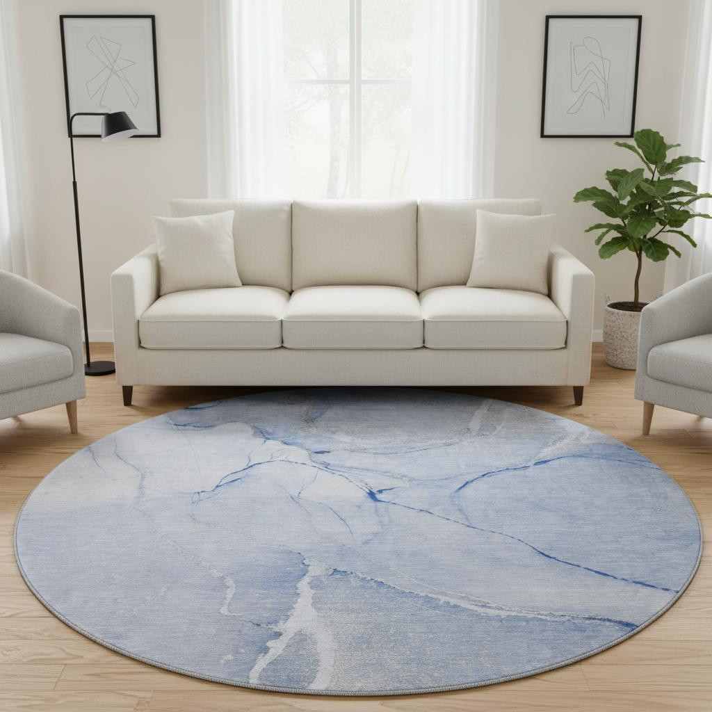646957 8 ft. Blue & Ivory Abstract Transitional Washable Round Area Rug with UV Protection