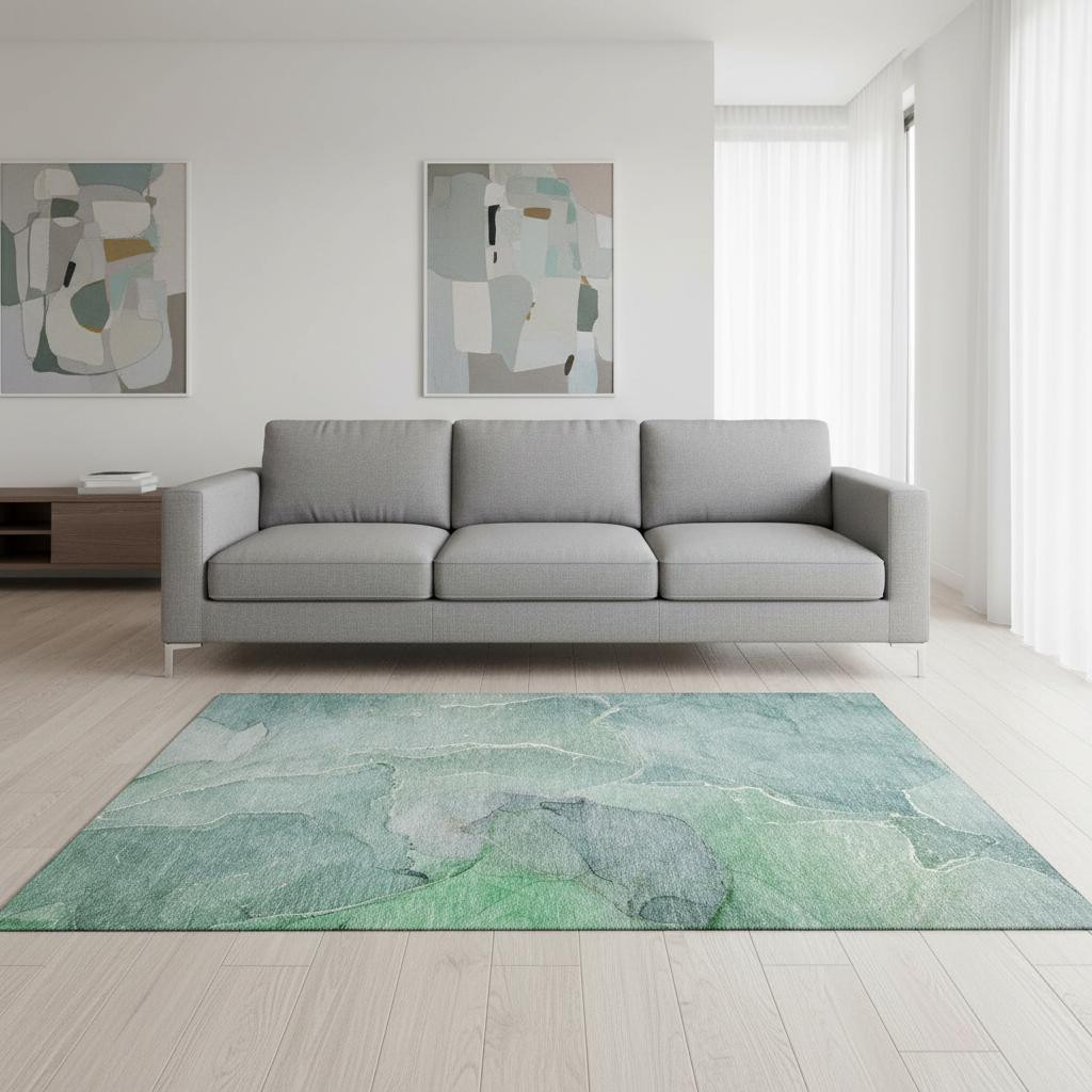 646992 5 x 8 ft. Teal & Ivory Abstract Transitional Washable Machine Made Rectangle Area Rug with UV Protection