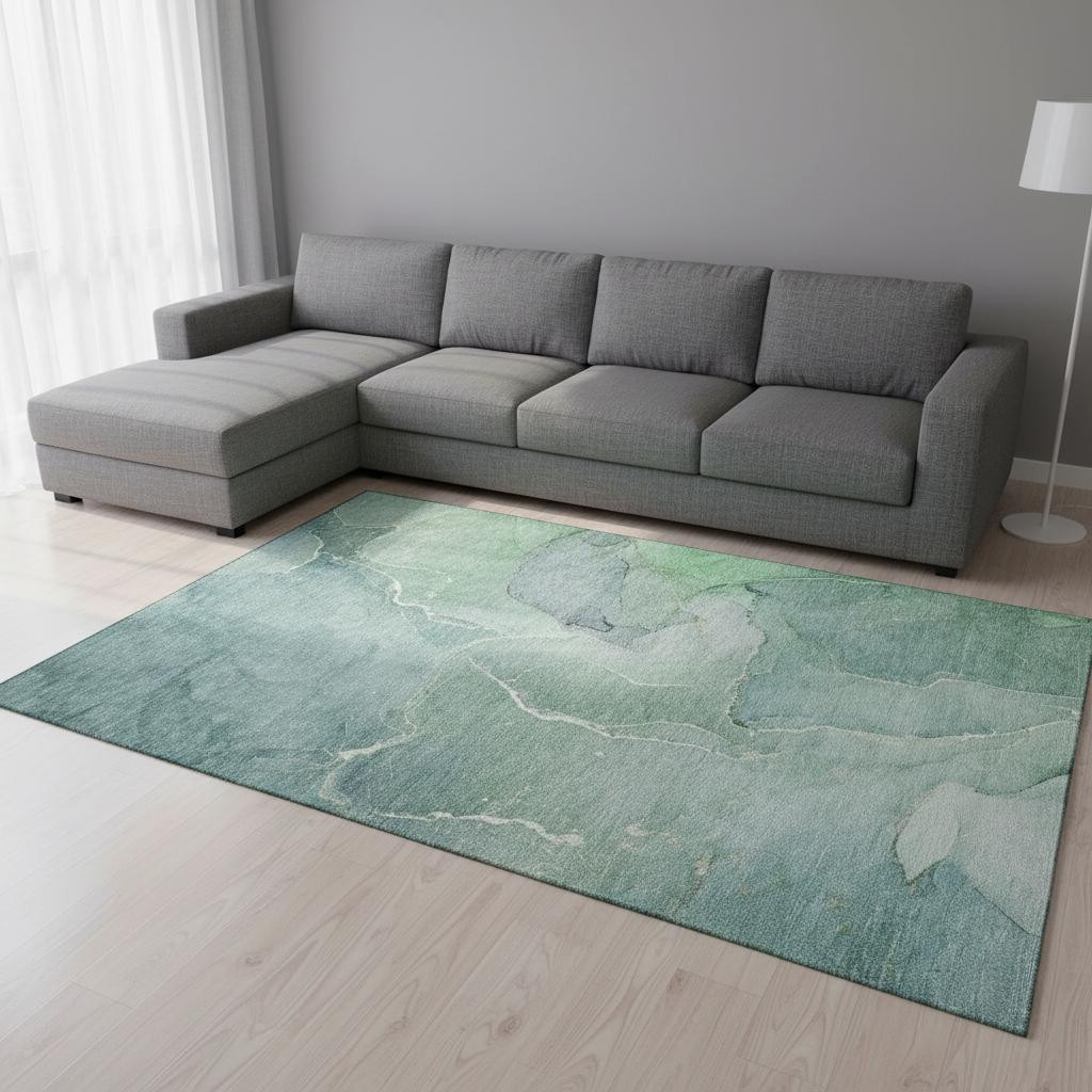646995 9 x 12 ft. Teal & Ivory Abstract Transitional Washable Machine Made Rectangle Area Rug with UV Protection