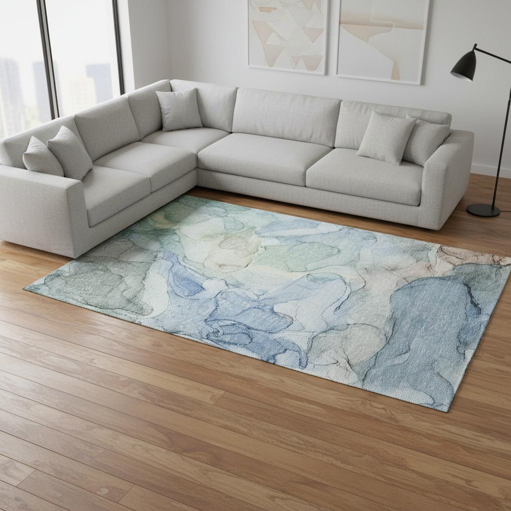 647007 9 x 12 ft. Blue & Ivory Abstract Transitional Washable Machine Made Rectangle Area Rug with UV Protection