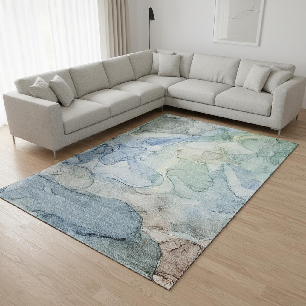 647008 10 x 14 ft. Blue & Ivory Abstract Transitional Washable Machine Made Rectangle Area Rug with UV Protection