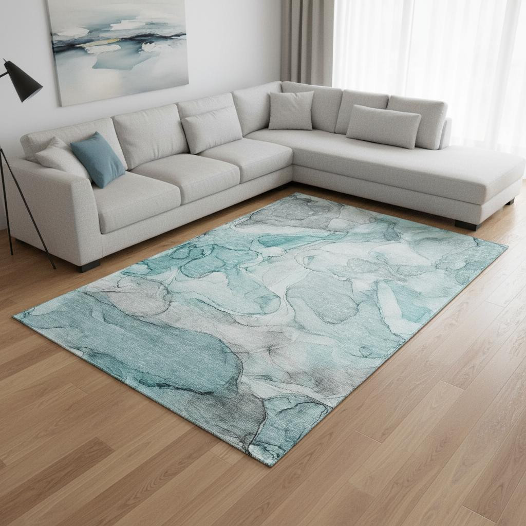 647014 10 x 14 ft. Teal & Ivory Abstract Transitional Washable Machine Made Rectangle Area Rug with UV Protection