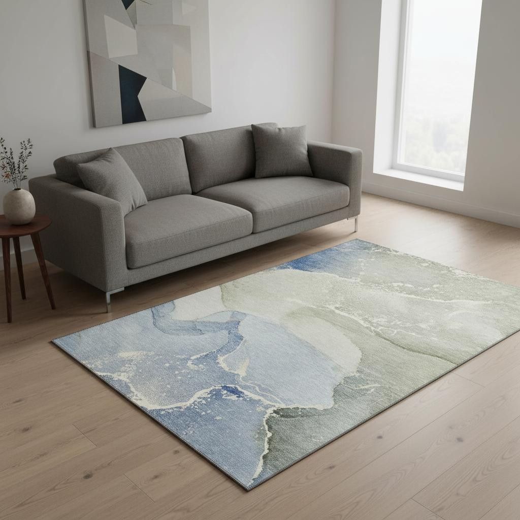 647190 5 x 8 ft. Blue, Gray & Ivory Abstract Transitional Washable Machine Made Rectangle Area Rug with UV Protection