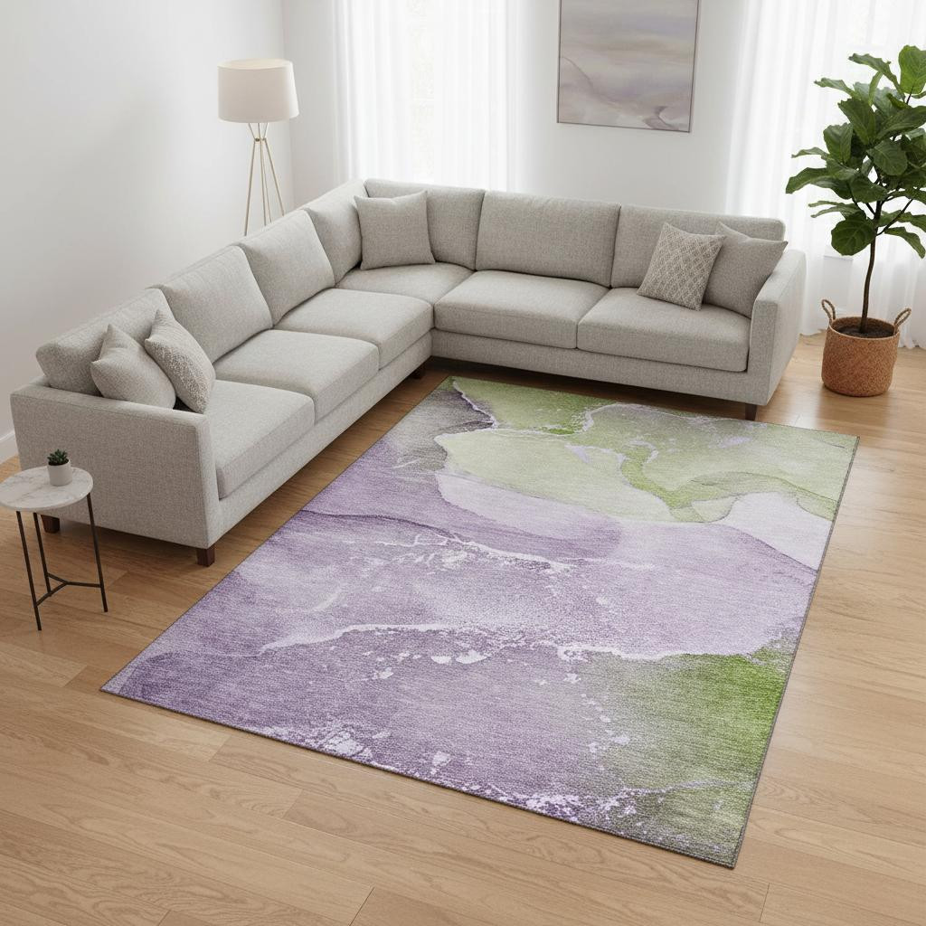 647211 9 x 12 ft. Purple, Green & Ivory Abstract Transitional Washable Machine Made Rectangle Area Rug with UV Protection