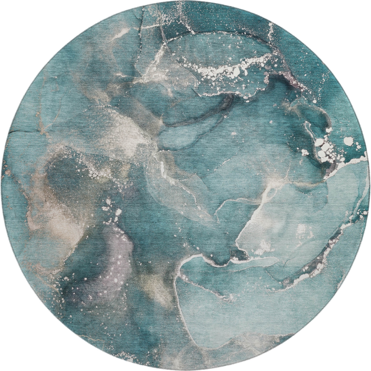 647251 8 ft. Teal & Ivory Abstract Transitional Washable Round Area Rug with UV Protection