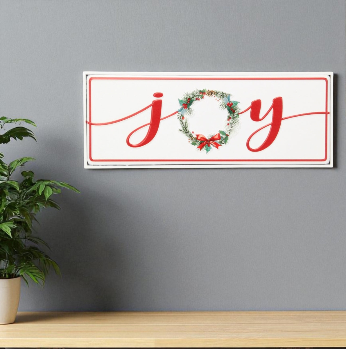 634365 7 x 19 in. White & Red Christmas Joy Metal Wall Decor