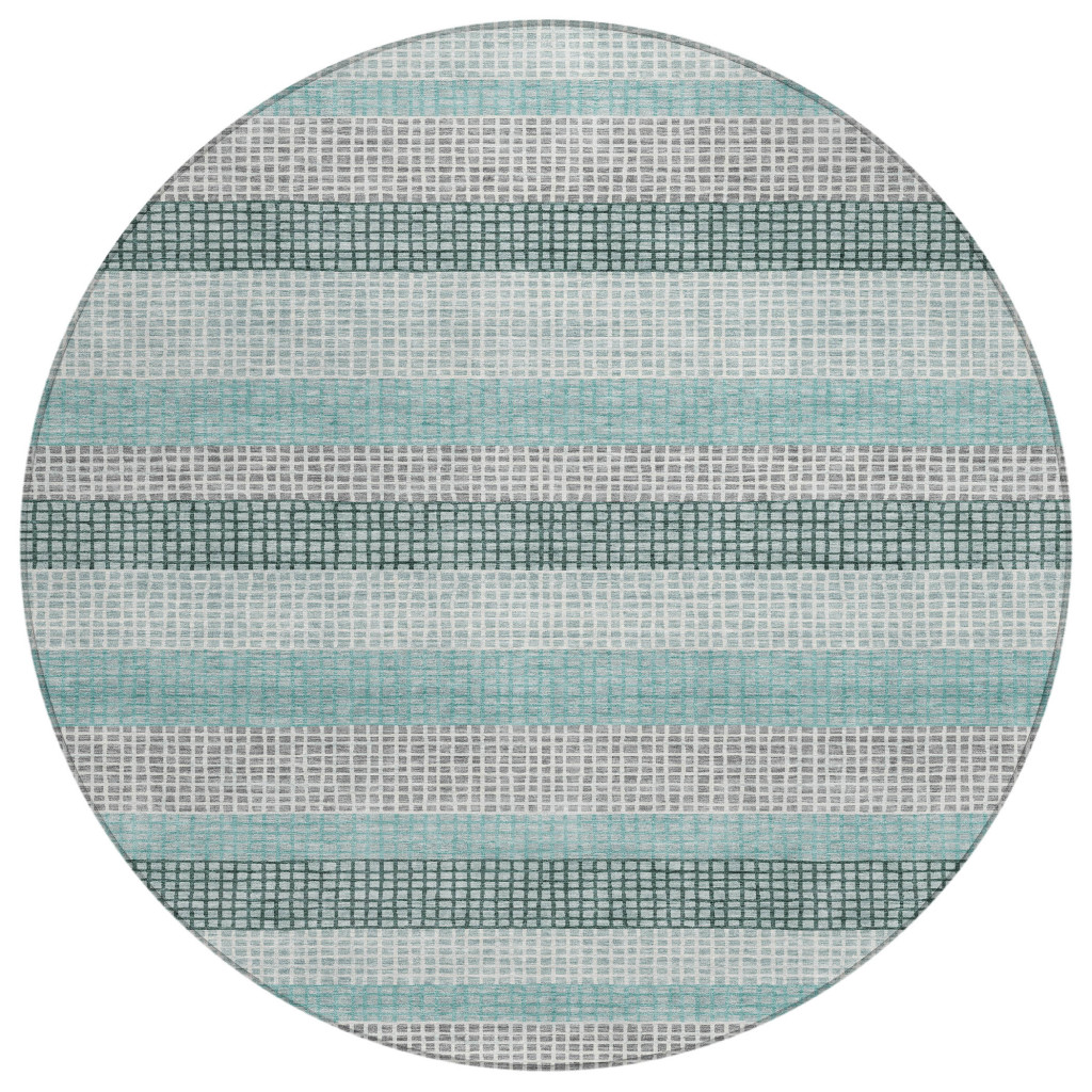 628886 8 ft. Teal, Blue & Ivory Striped Washable Transitional Indoor & Outdoor Round Area Rug