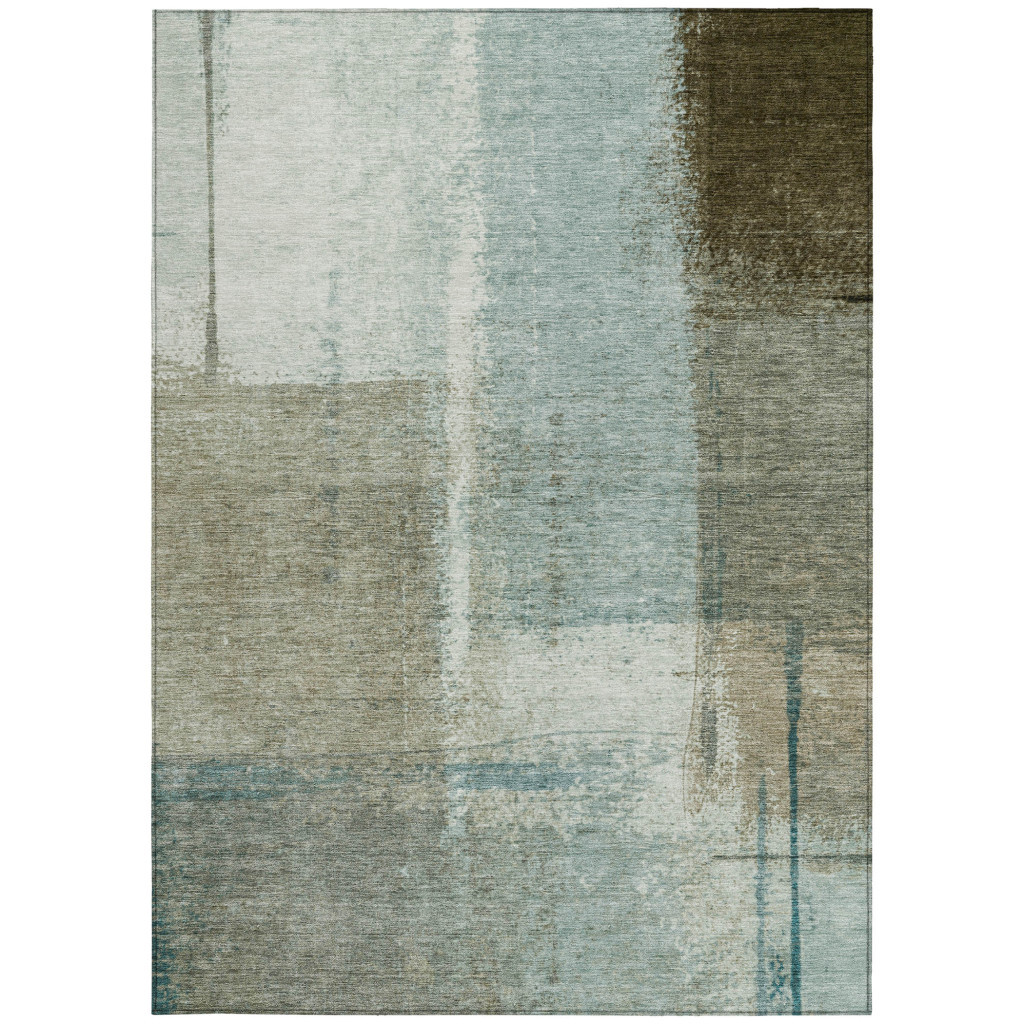 628674 3 x 5 ft. Pale Aqua & Beige Abstract Washable Transitional Indoor & Outdoor Rectangle Area Rug