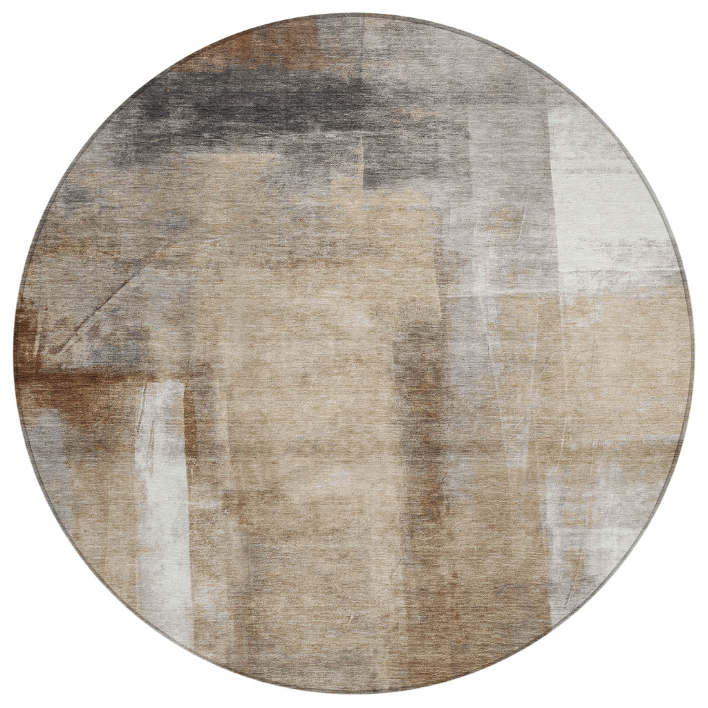 628154 8 ft. Beige & Ivory Abstract Washable Transitional Indoor & Outdoor Round Area Rug