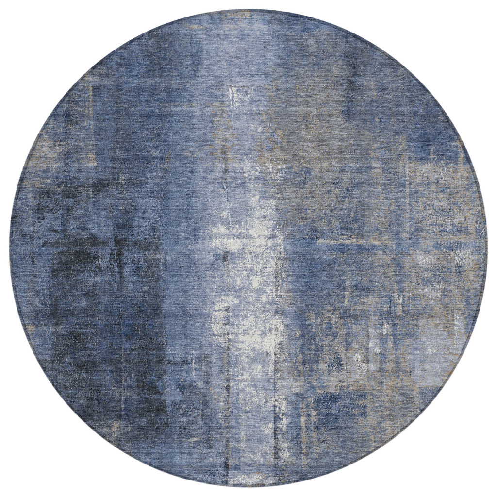 627991 8 ft. Navy Blue & Ivory Abstract Washable Transitional Indoor & Outdoor Round Area Rug