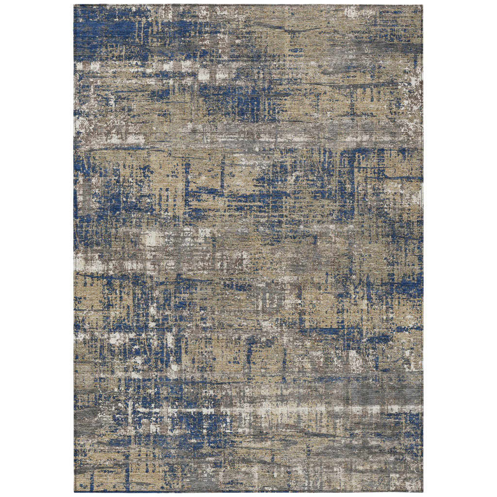 627705 9 x 12 ft. Navy Blue & Beige Geometric Washable Transitional Indoor & Outdoor Rectangle Area Rug
