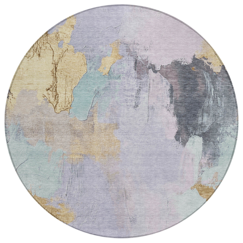 627673 8 ft. Lavender & Gold Abstract Washable Transitional Indoor & Outdoor Round Area Rug