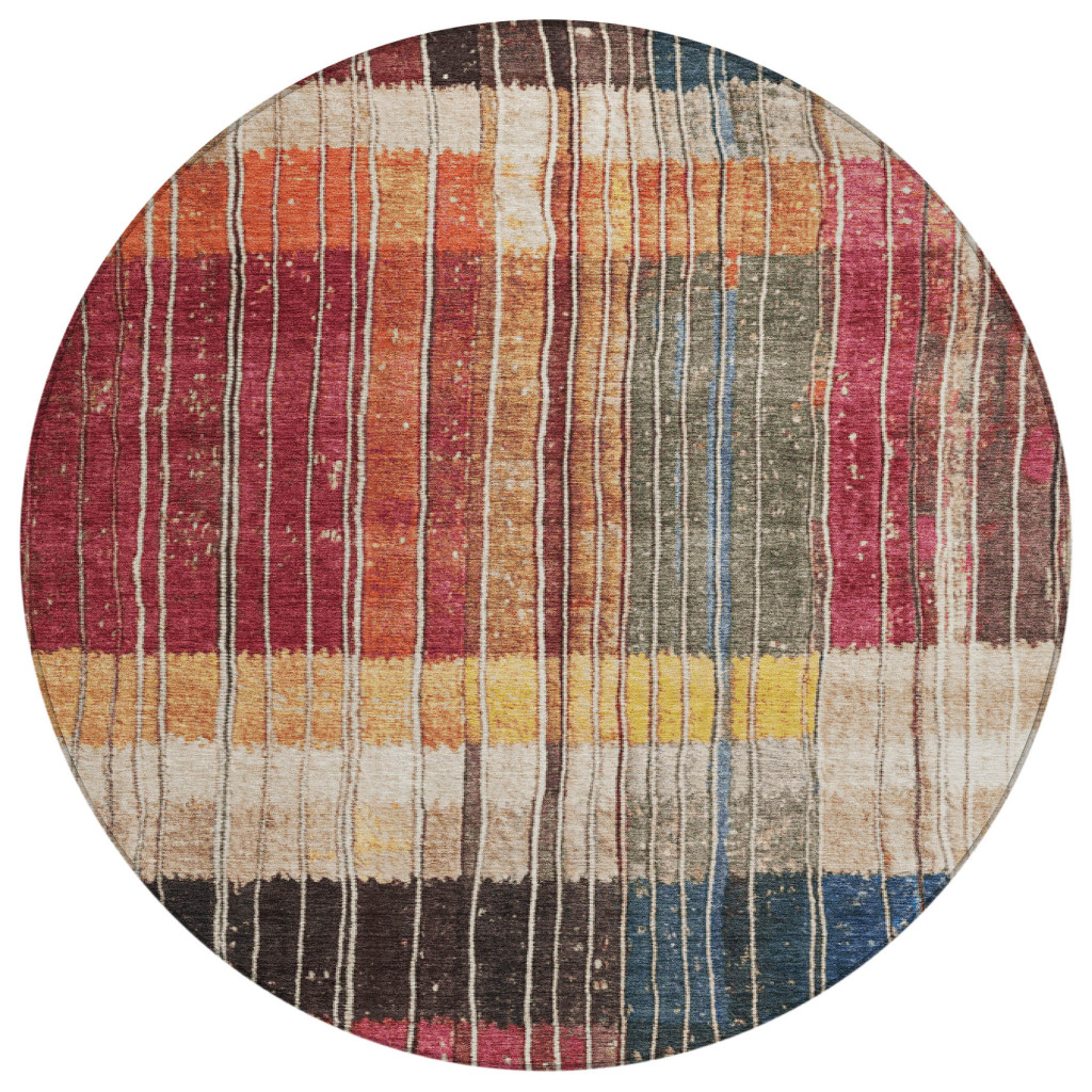 627334 8 ft. Beige Red & Yellow Striped Washable Transitional Indoor & Outdoor Round Area Rug