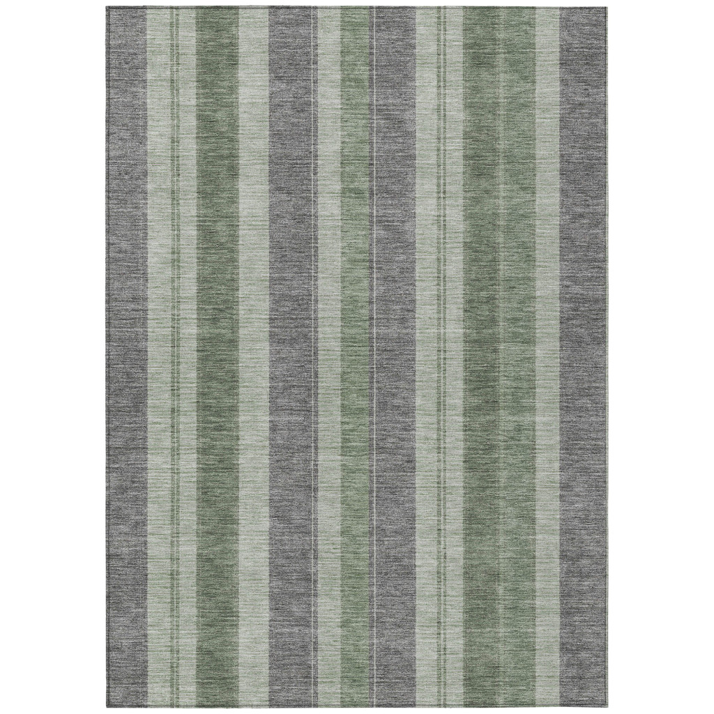 627092 3 x 5 ft. Green & Gray Striped Washable Transitional Indoor & Outdoor Rectangle Area Rug