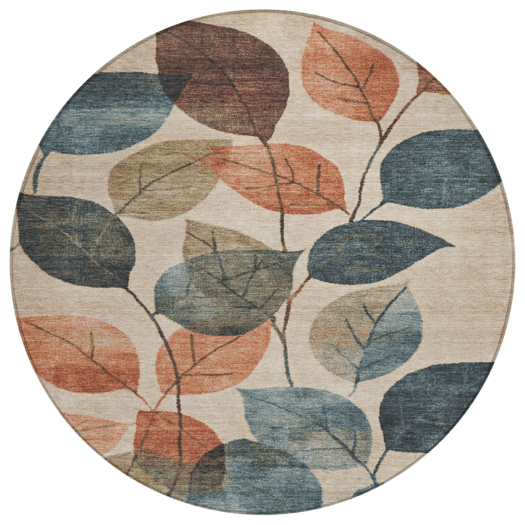 627076 8 ft. Beige Copper & Denim Blue Floral Washable Transitional Indoor & Outdoor Round Area Rug
