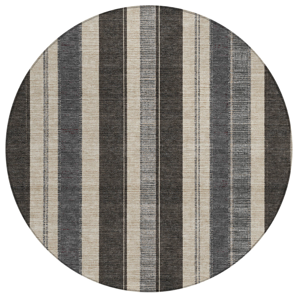 627082 8 ft. Black & Ivory Striped Washable Transitional Indoor & Outdoor Round Area Rug