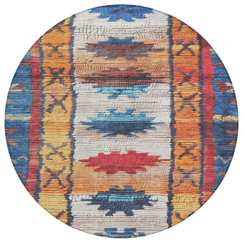 626866 8 ft. Navy Blue & Copper Tribal Washable Transitional Indoor & Outdoor Round Area Rug