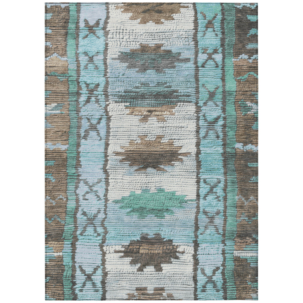 626841 5 x 8 ft. Brown & Teal Blue Tribal Washable Transitional Indoor & Outdoor Rectangle Area Rug