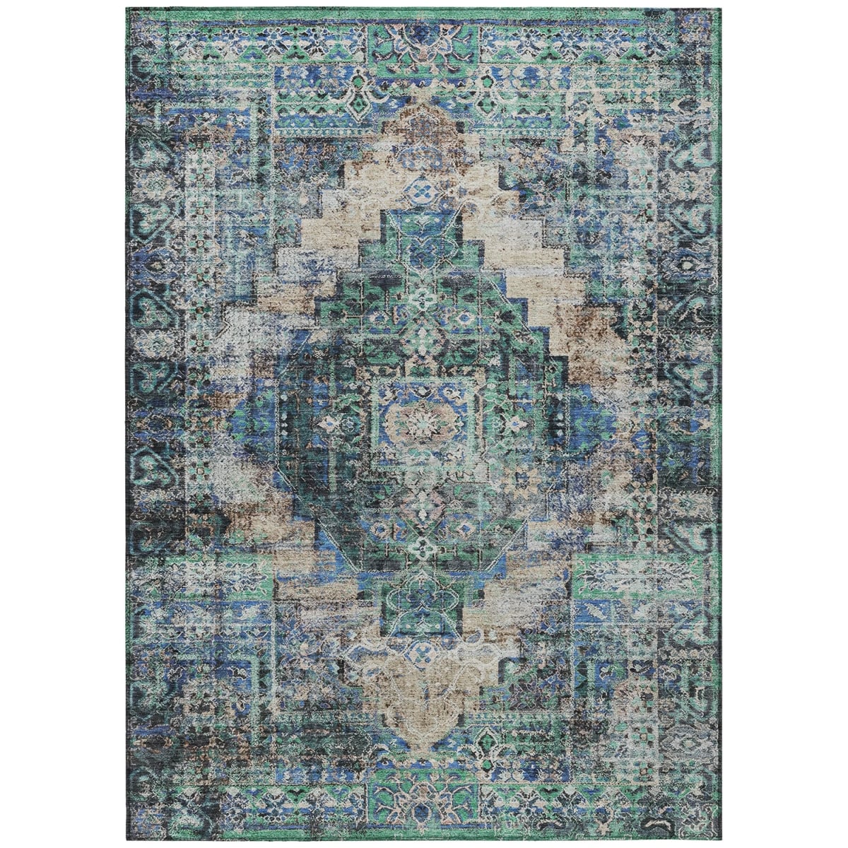 636815 10 x 14 ft. Green Teal, Blue & Beige Medallion Washable Traditional Indoor & Outdoor Rectangle Area Rug