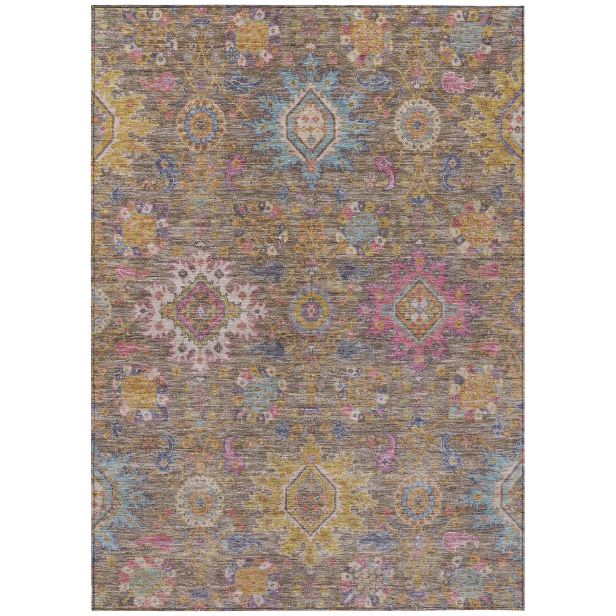 637247 10 x 14 ft. Brown Gold & Teal Blue Medallion Washable Traditional Indoor & Outdoor Rectangle Area Rug