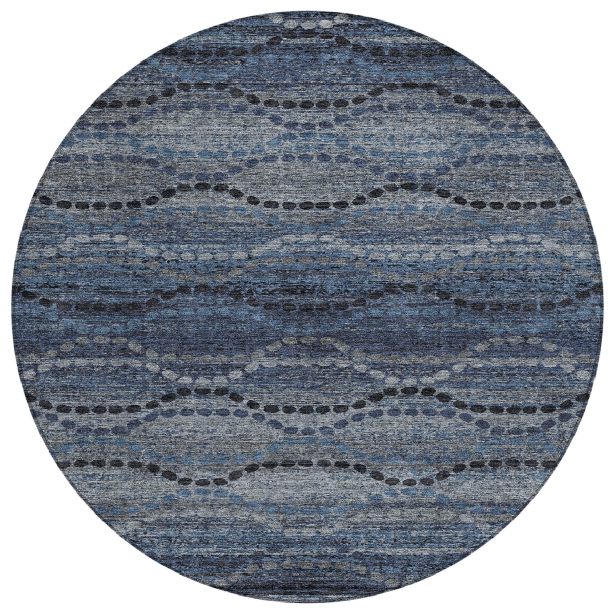 629703 8 ft. Navy Blue & Gray Ogee Washable Transitional Indoor & Outdoor Round Area Rug