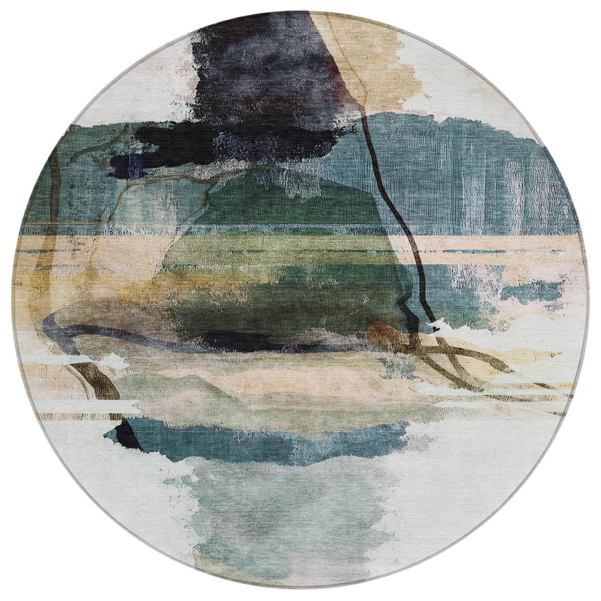 629769 8 ft. Green & Ivory Abstract Washable Transitional Indoor & Outdoor Round Area Rug