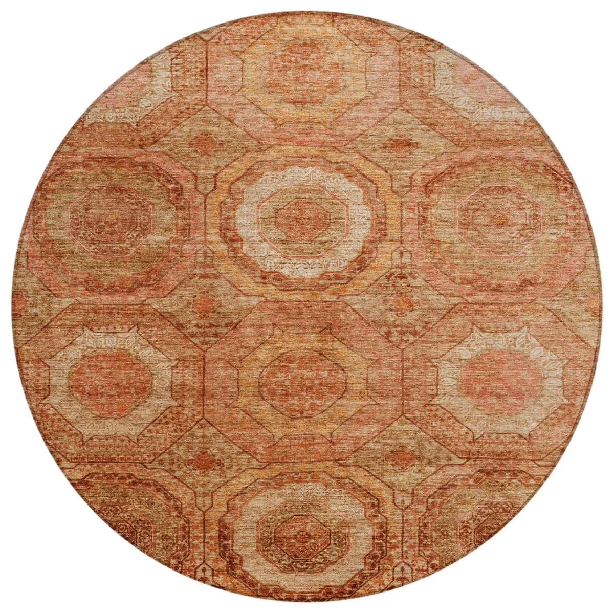 630227 8 ft. Terra Cotta Copper & Peach Geometric Washable Transitional Indoor & Outdoor Round Area Rug