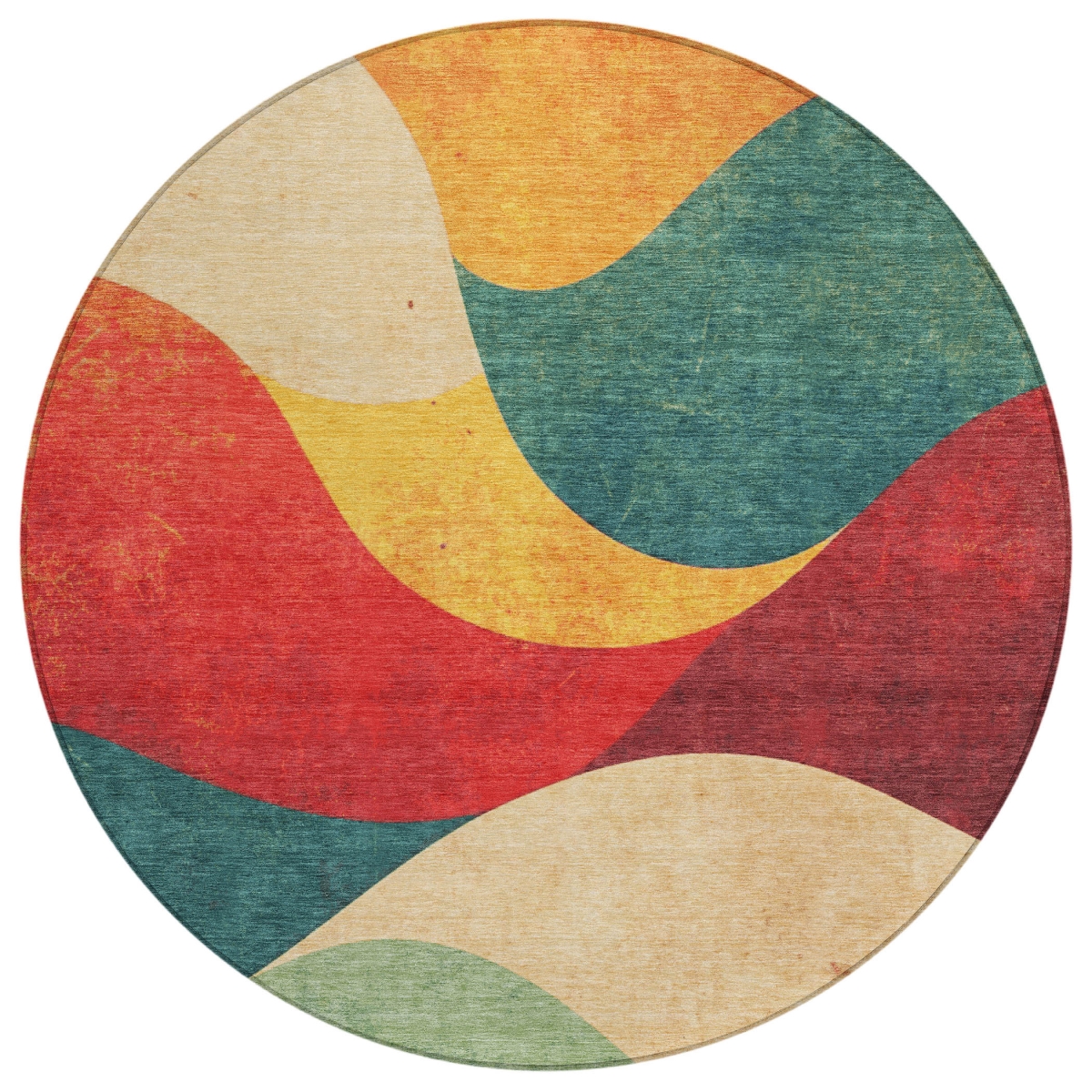 637997 8 ft. Orange Red & Teal Blue Abstract Washable Transitional Indoor & Outdoor Round Area Rug