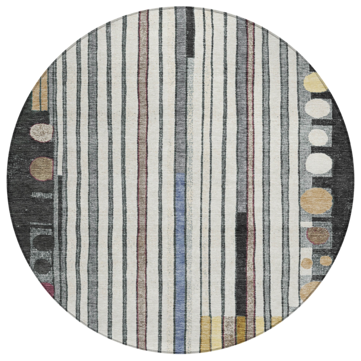638135 8 ft. Black, Ivory & Gold Geometric Washable Transitional Indoor & Outdoor Round Area Rug