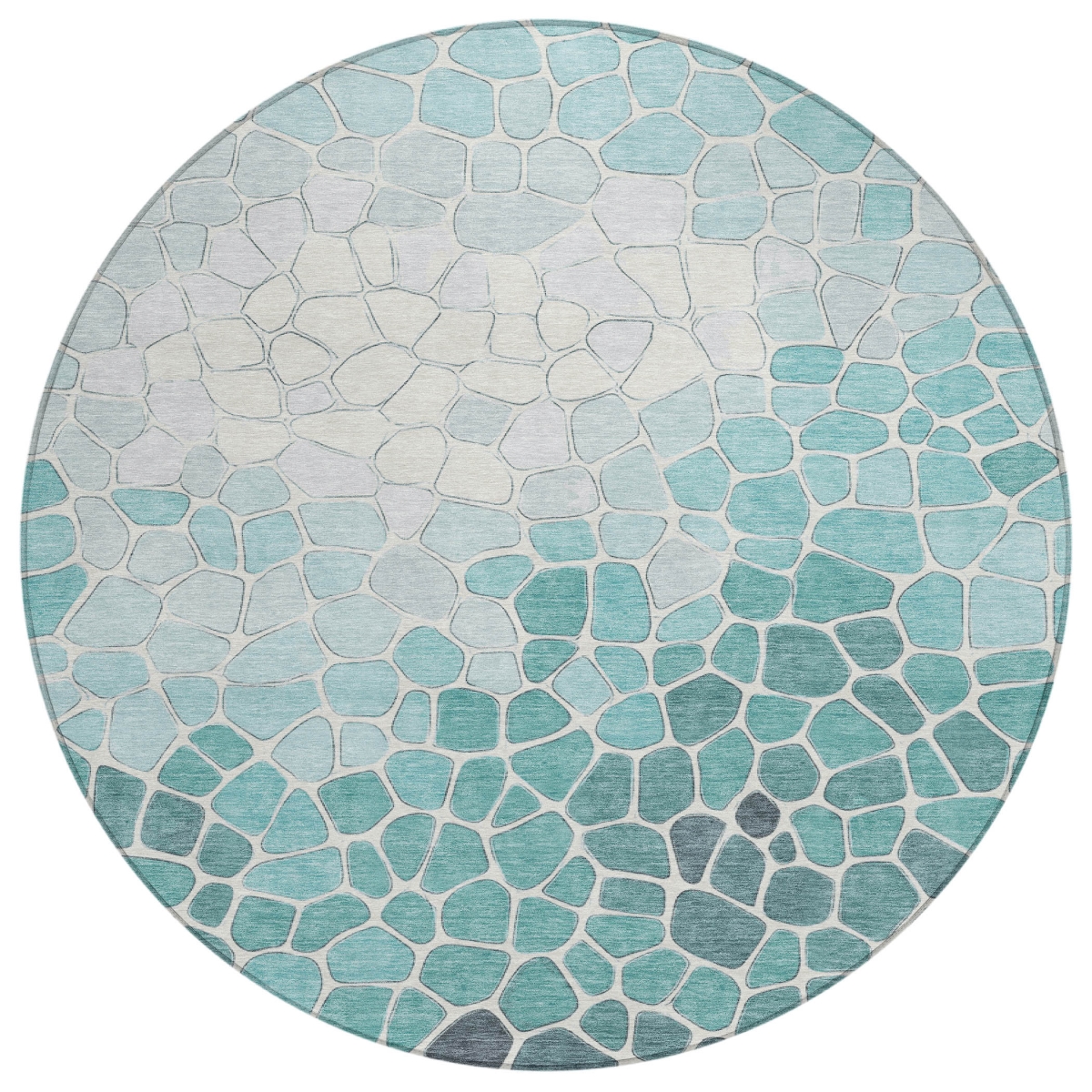 638195 8 ft. Teal, Blue & Ivory Geometric Washable Transitional Indoor & Outdoor Round Area Rug