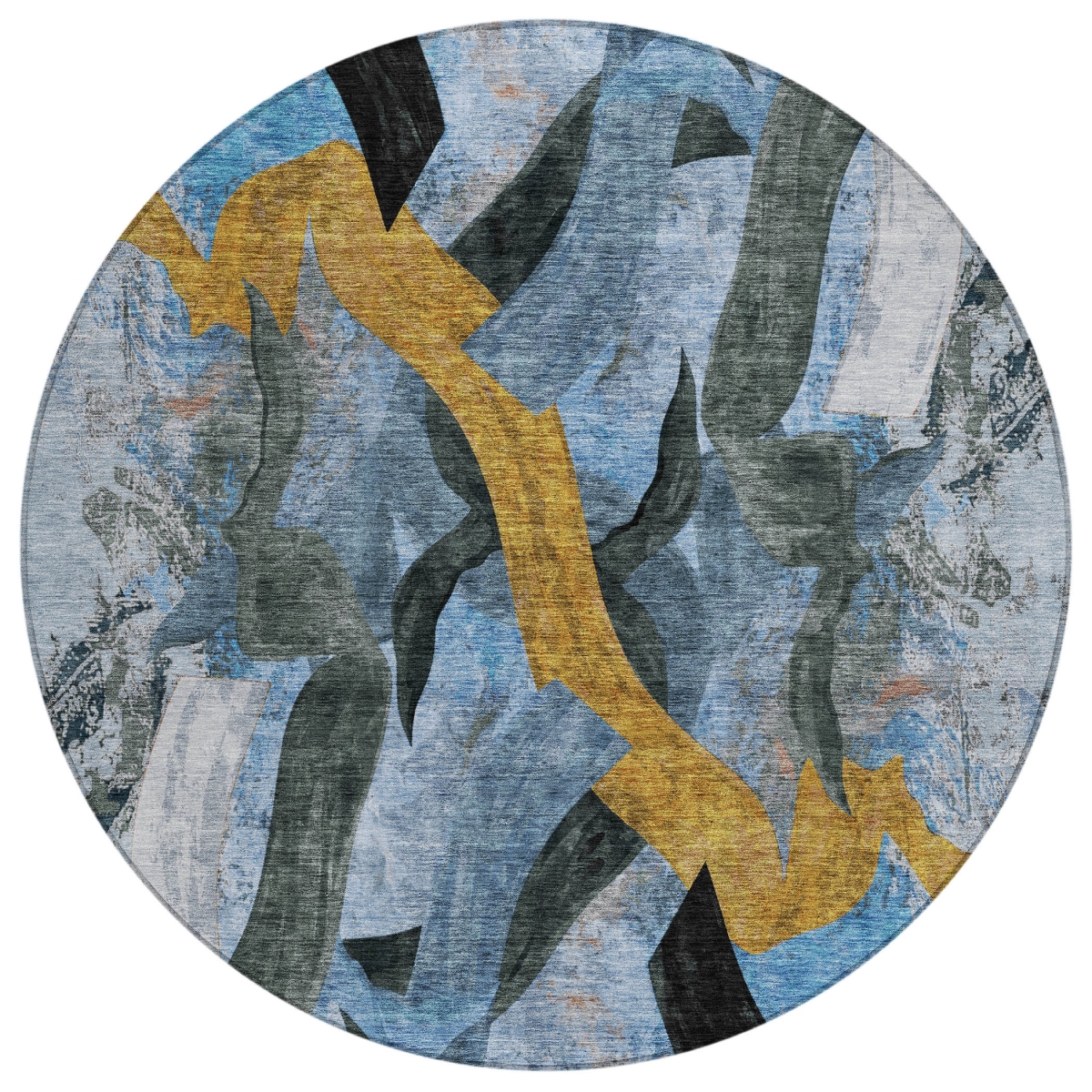 638201 8 ft. Denim Blue Charcoal & Gold Abstract Washable Transitional Indoor & Outdoor Round Area Rug