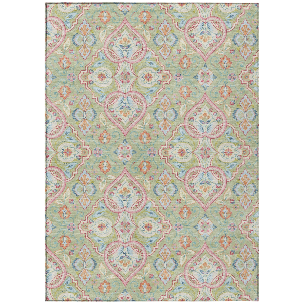 638660 8 x 10 ft. Artichoke Green Pink & Ivory Ogee Washable Transitional Indoor & Outdoor Rectangle Area Rug