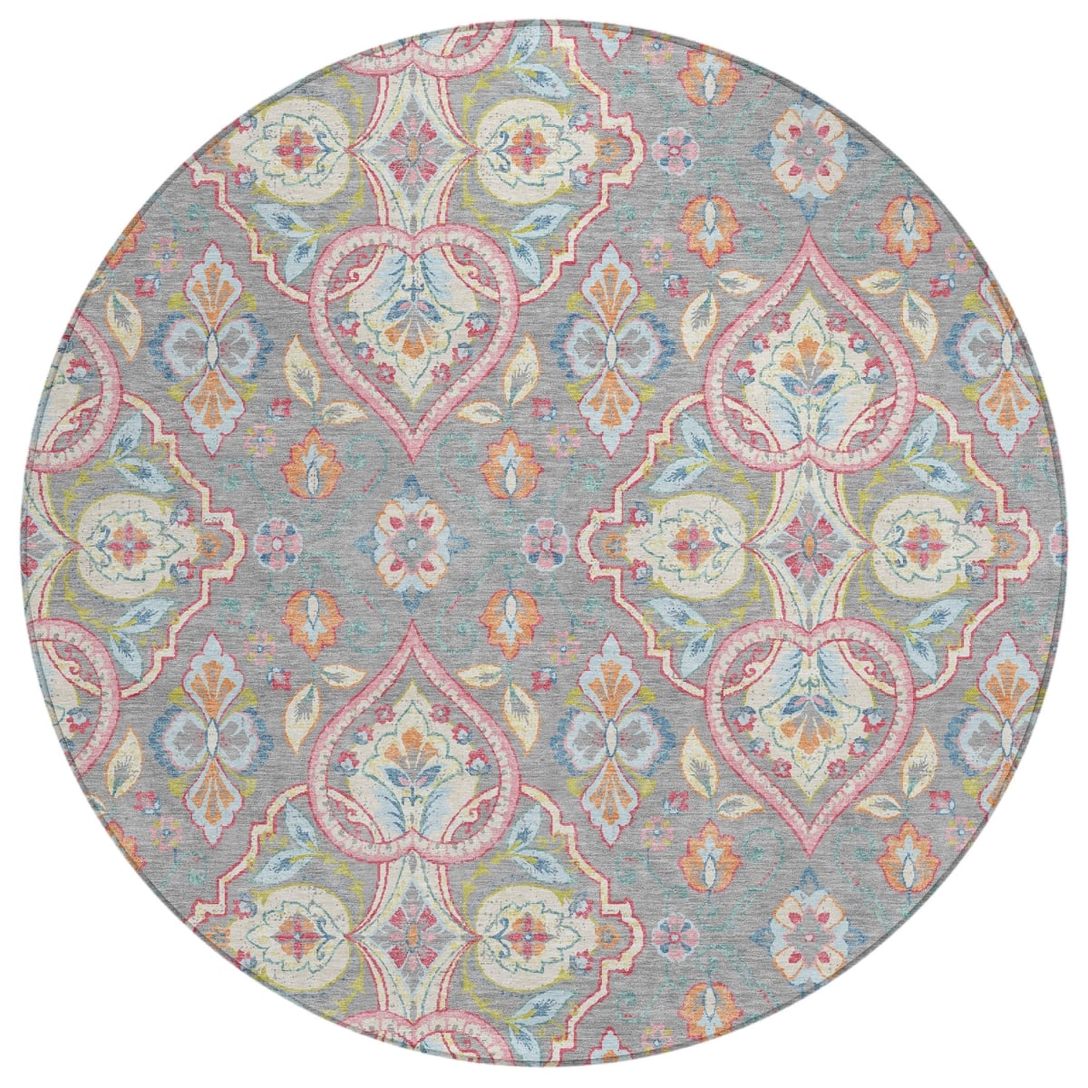 638665 8 ft. Gray Pink & Ivory Ogee Washable Transitional Indoor & Outdoor Round Area Rug