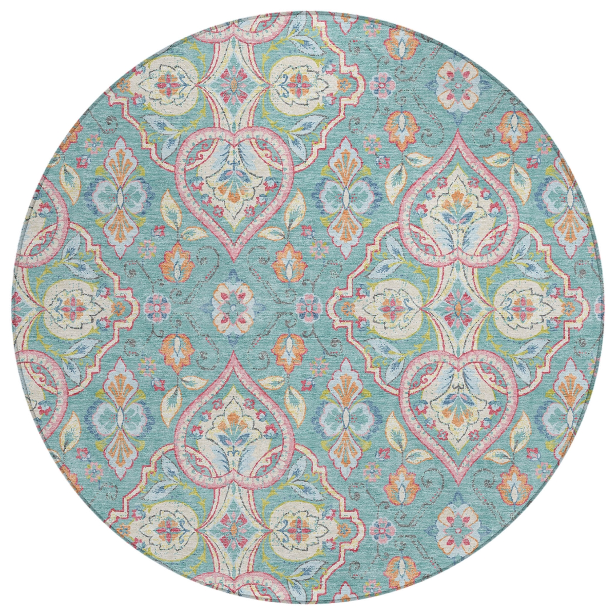 638695 8 ft. Teal Blue Pink & Orange Ogee Washable Transitional Indoor & Outdoor Round Area Rug