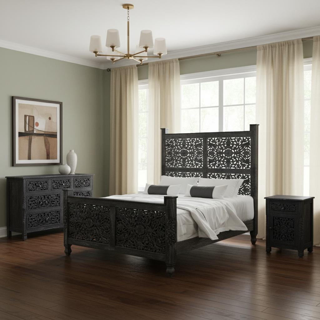 636273 70 x 67 x 89 in. Black Solid Wood Bedroom Set - 3 Piece