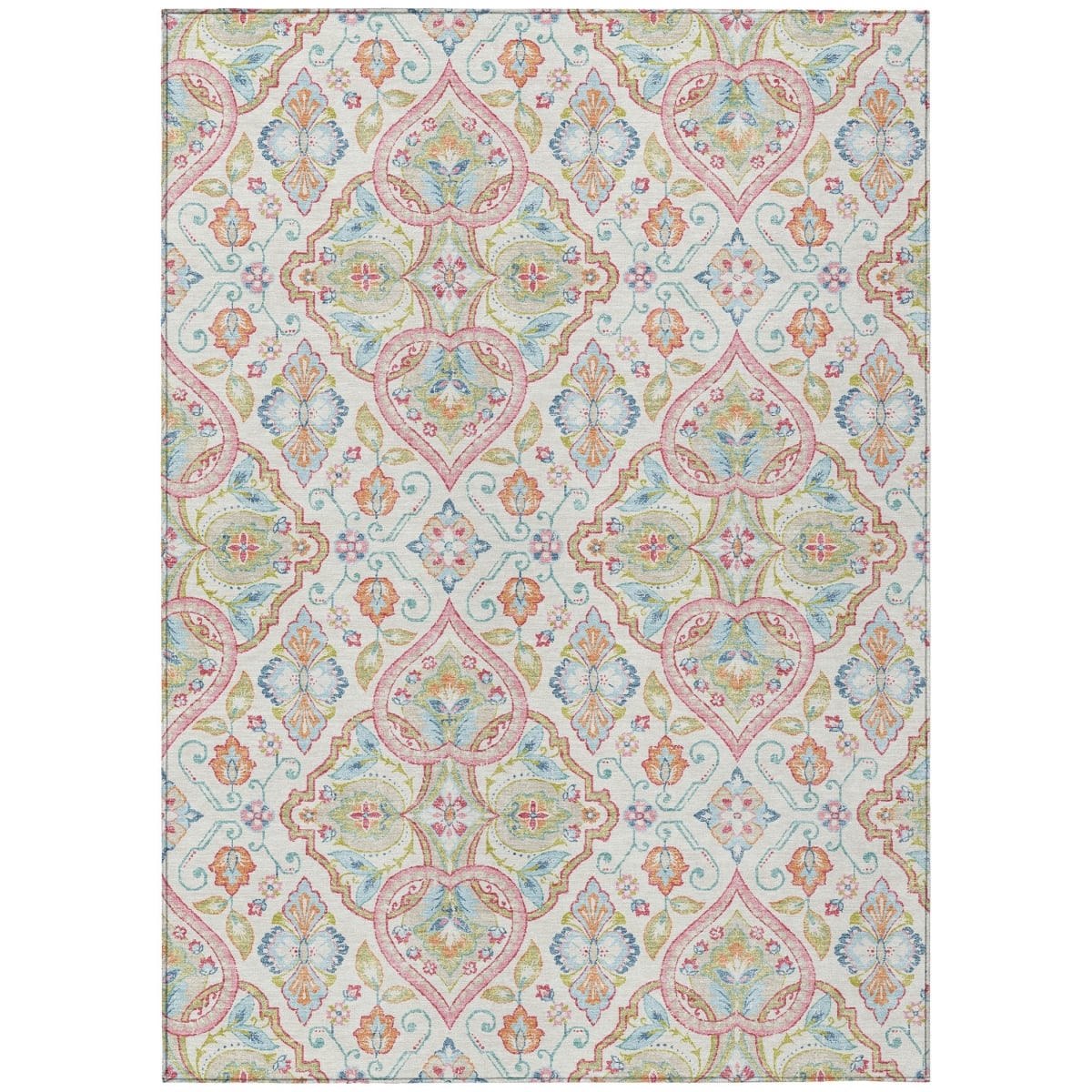 638672 8 x 10 ft. Ivory Pink & Artichoke Green Ogee Washable Transitional Indoor & Outdoor Rectangle Area Rug