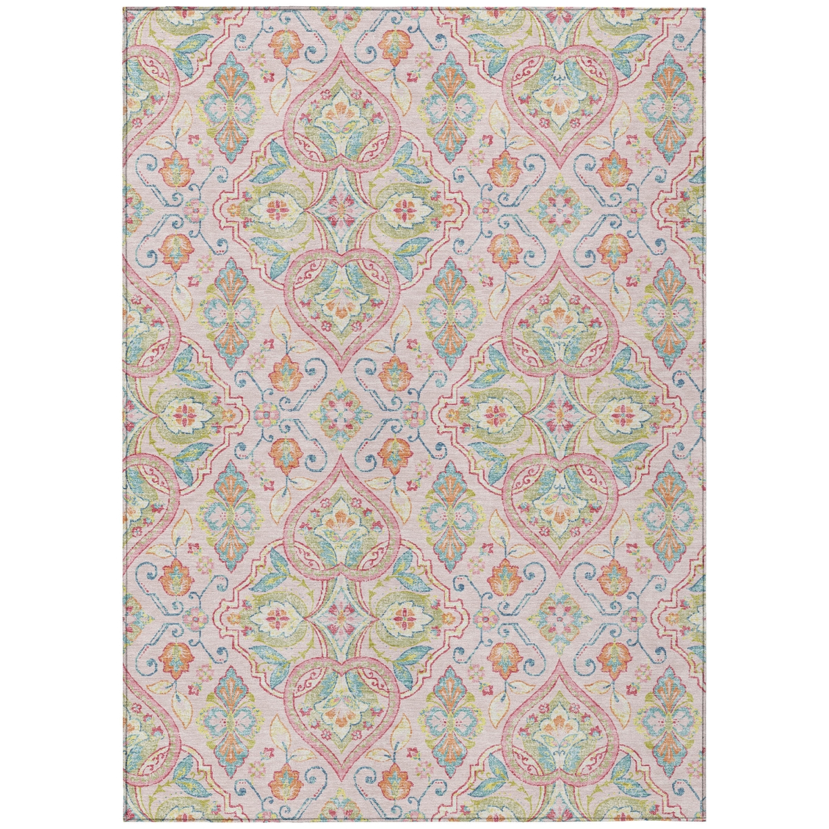 638684 8 x 10 ft. Pink Artichoke Green & Orange Ogee Washable Transitional Indoor & Outdoor Rectangle Area Rug