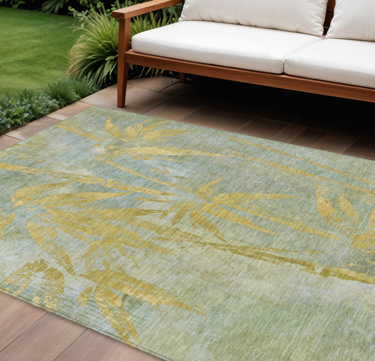 639231 9 x 12 ft. Sage & Gold Botanical Leaves Washable Transitional Indoor & Outdoor Rectangle Area Rug
